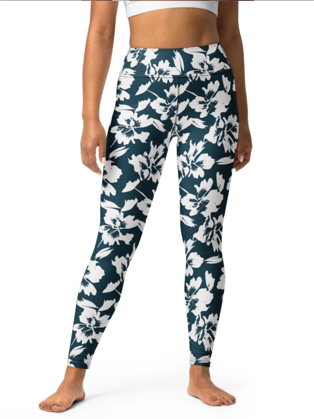 Women's UPF 50 Floral Navy Blue and White Swim Leggings with Pockets SIze XL